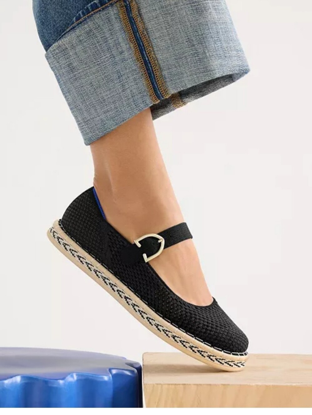 Rothy's Black Knit Mary Jane Flats with Gold Buckle Accent Size 8.5